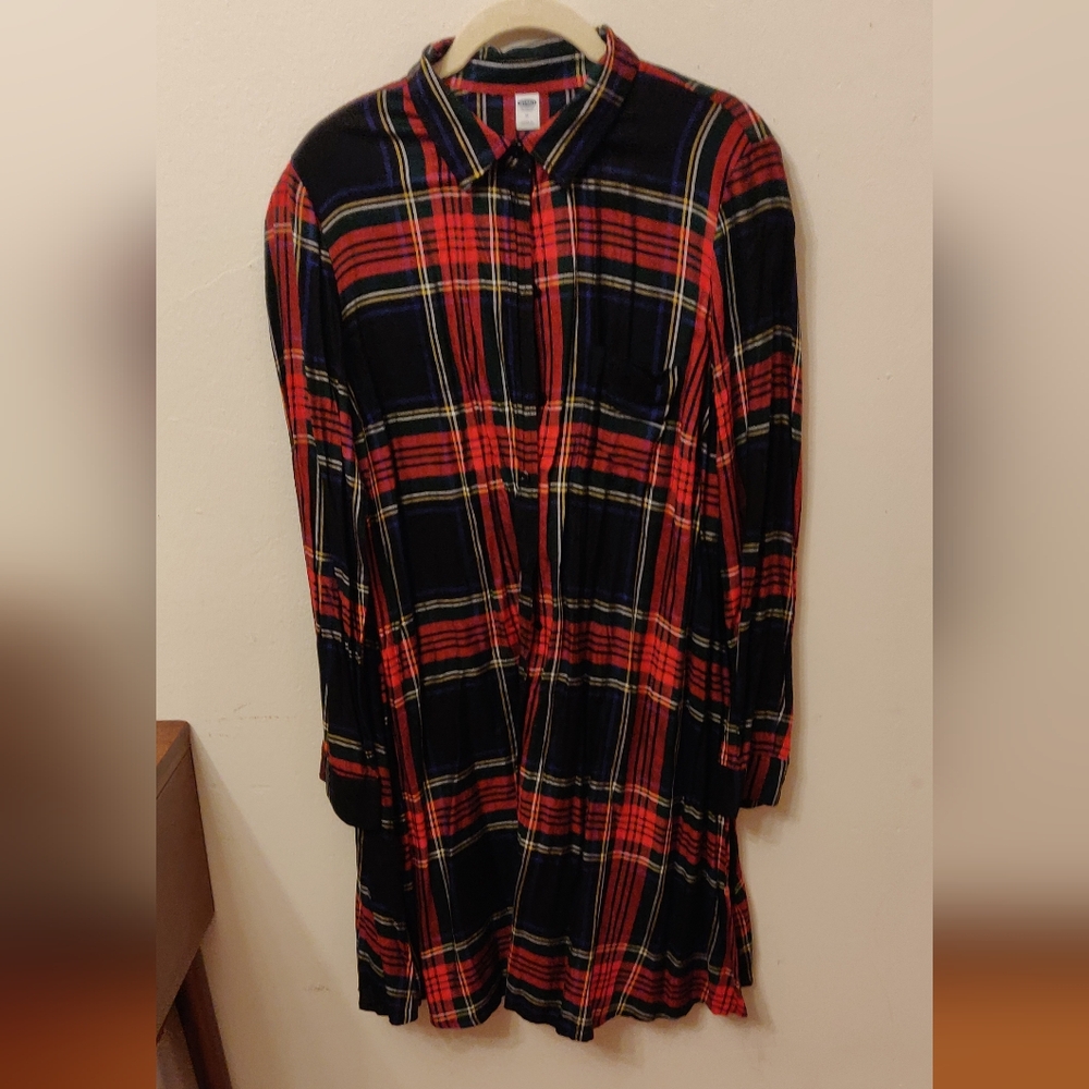 Old Navy Red and Black Plaid Long Sleeve Swing Shirt Dress